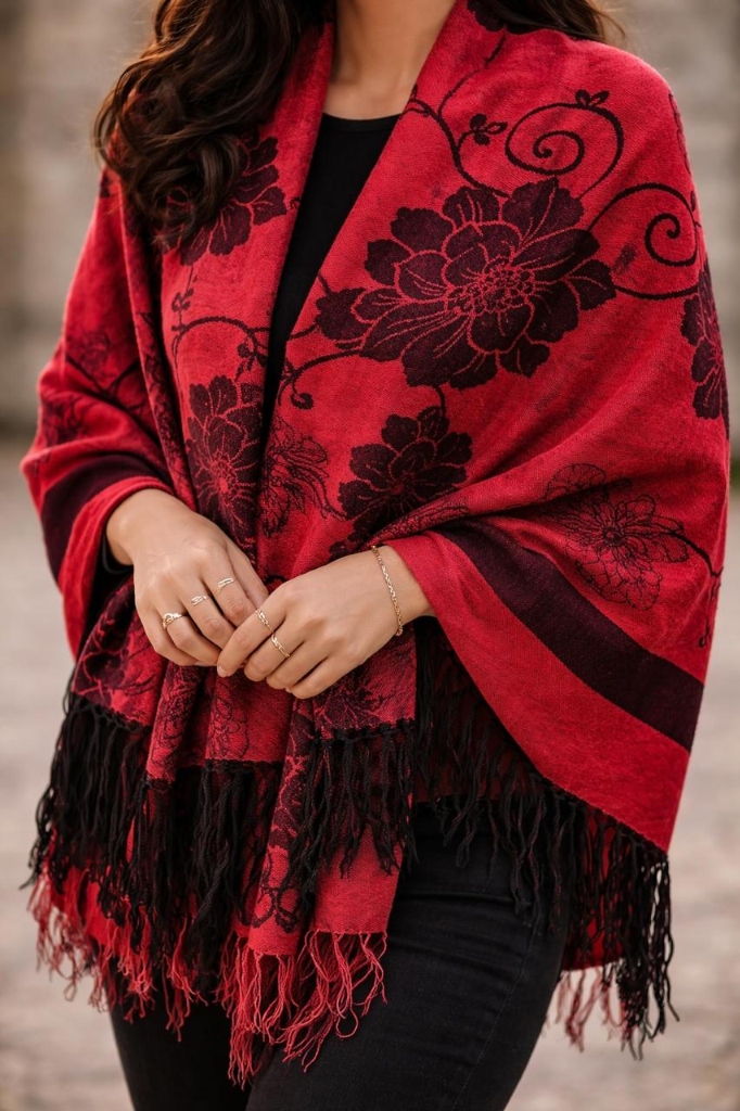 Floral Embroidered Shawl - Ruby Red
