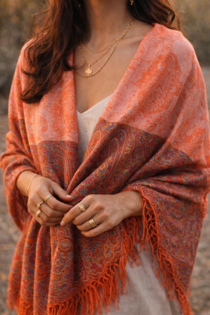 Paisley Fringe Shawl - Coral